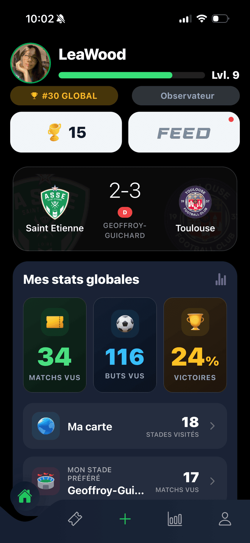 Kopio's home screen: career level, global rank, trophies and a recent match
